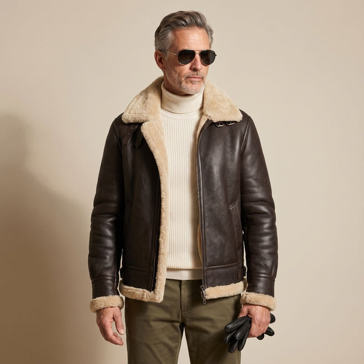Felix | Leather Bomber Jacket with Teddy Fur Lining for Men