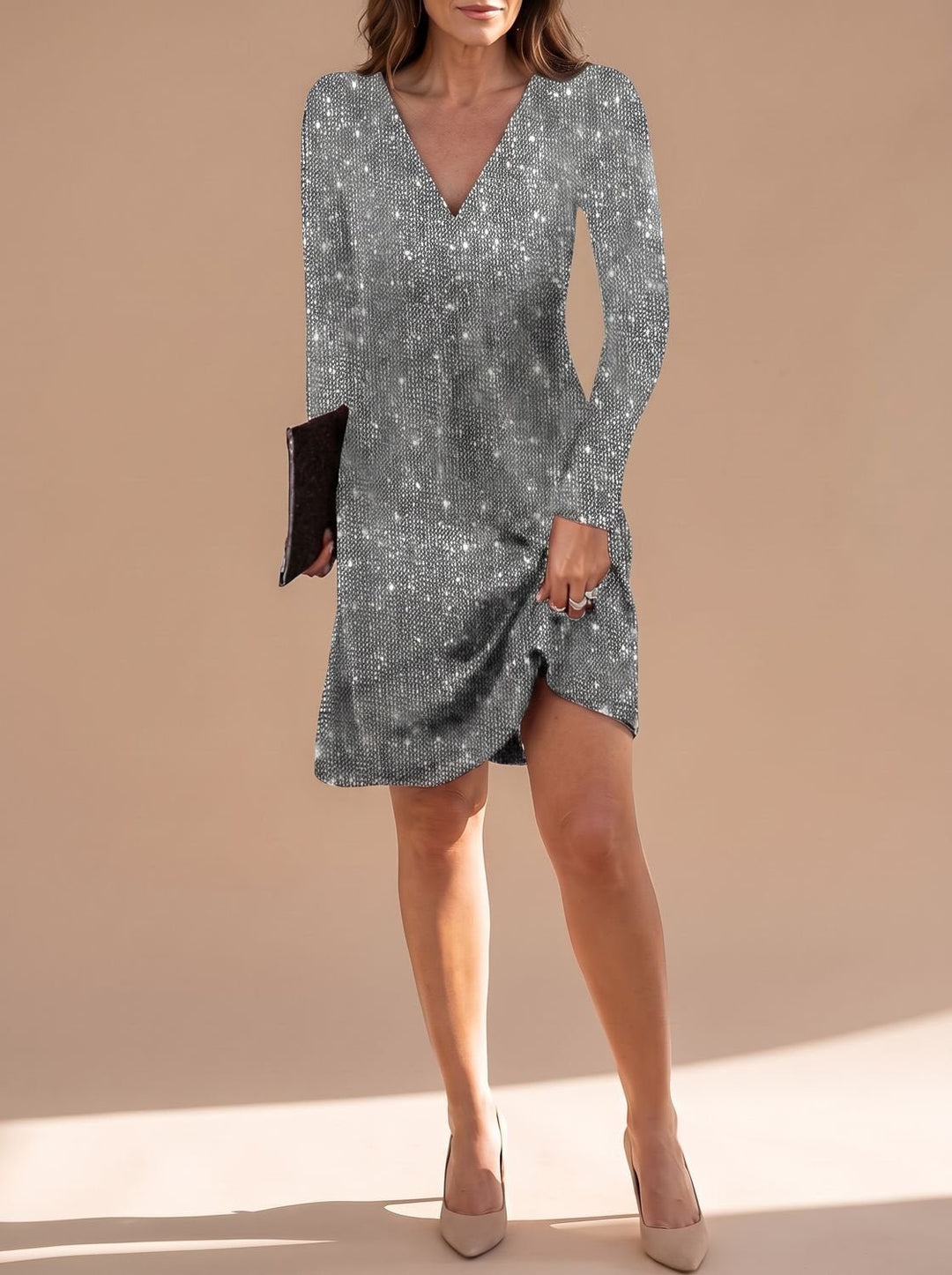Harper | Sequin Mini Dress – Long Sleeve V-Neck for Women