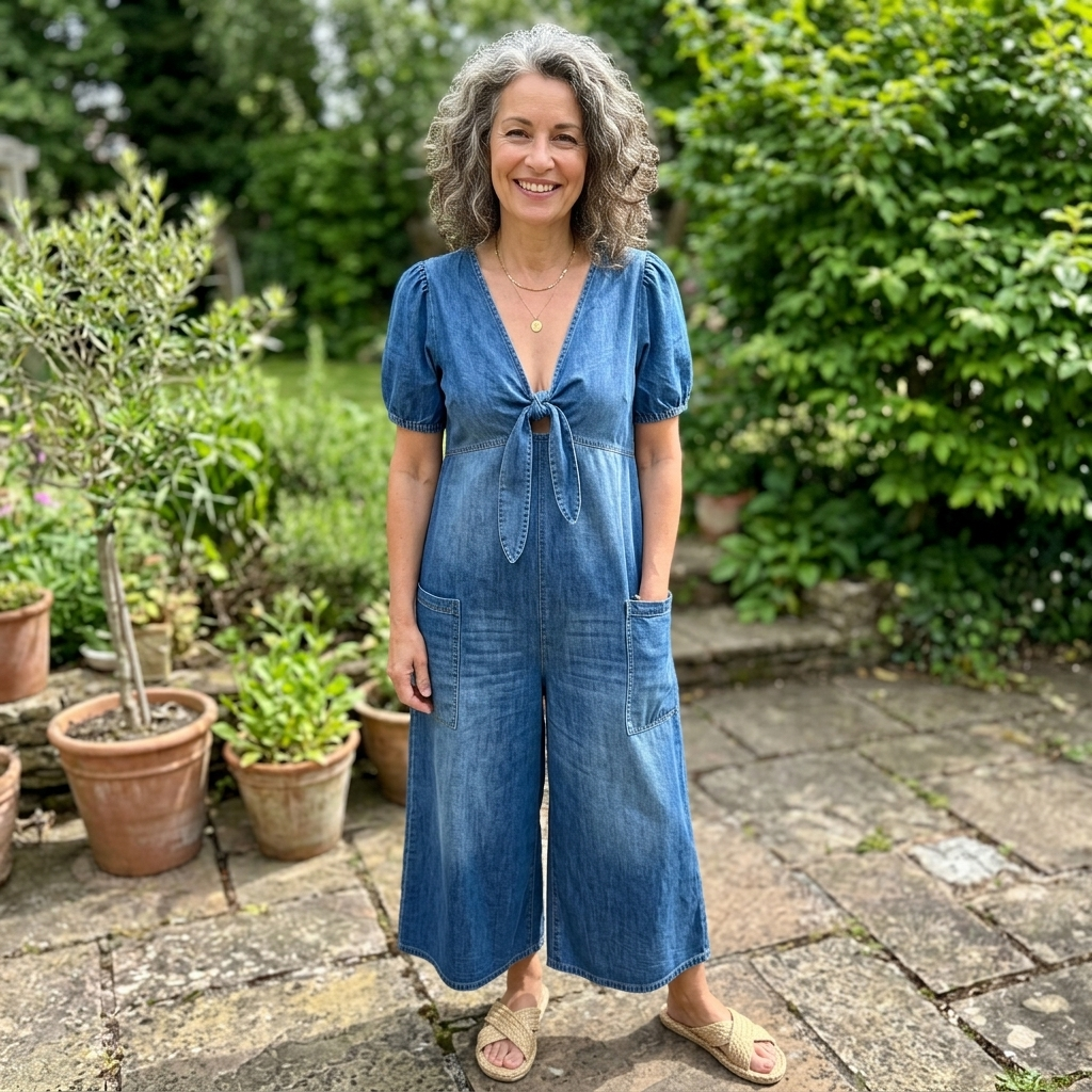 Rowanvale | Tie-Front Denim Jumpsuit – Relaxed Wide-Leg Style for Women