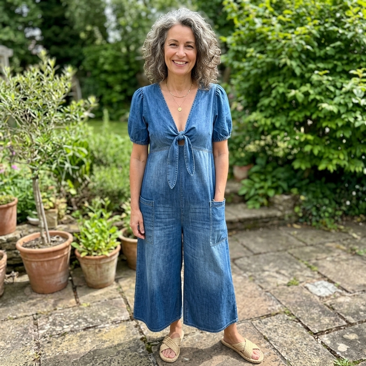 Rowanvale | Tie-Front Denim Jumpsuit – Relaxed Wide-Leg Style for Women
