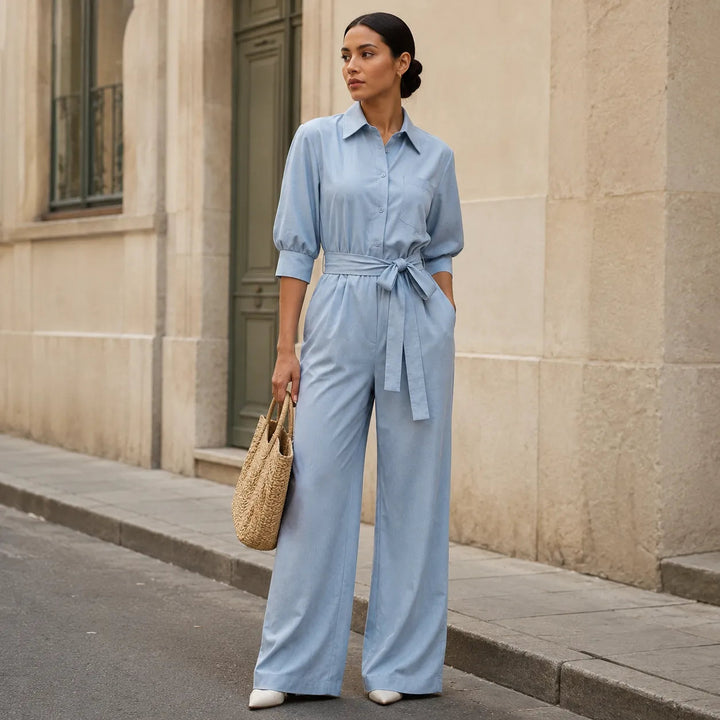 Solene | Wide-Leg Jumpsuit – Belted Shirt Style for Women