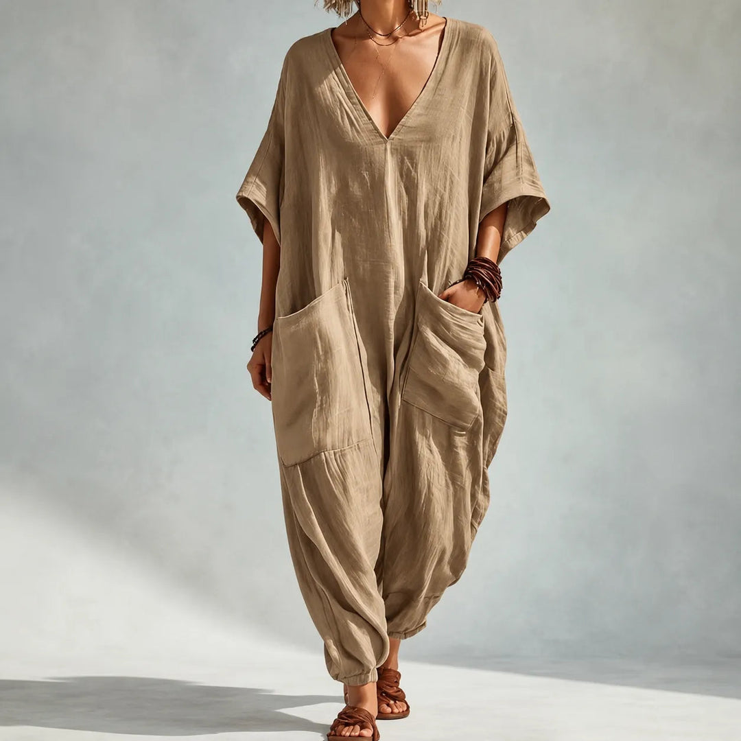 Soluna | Loose V-Neck Summer Jumpsuit – Relaxed Batwing Style for Women
