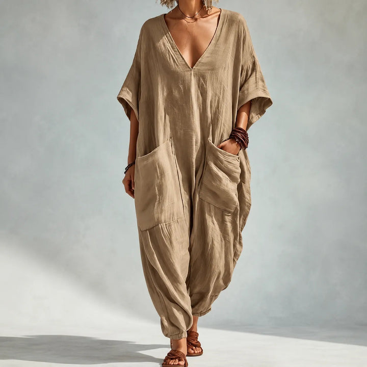 Soluna | Loose V-Neck Summer Jumpsuit – Relaxed Batwing Style for Women