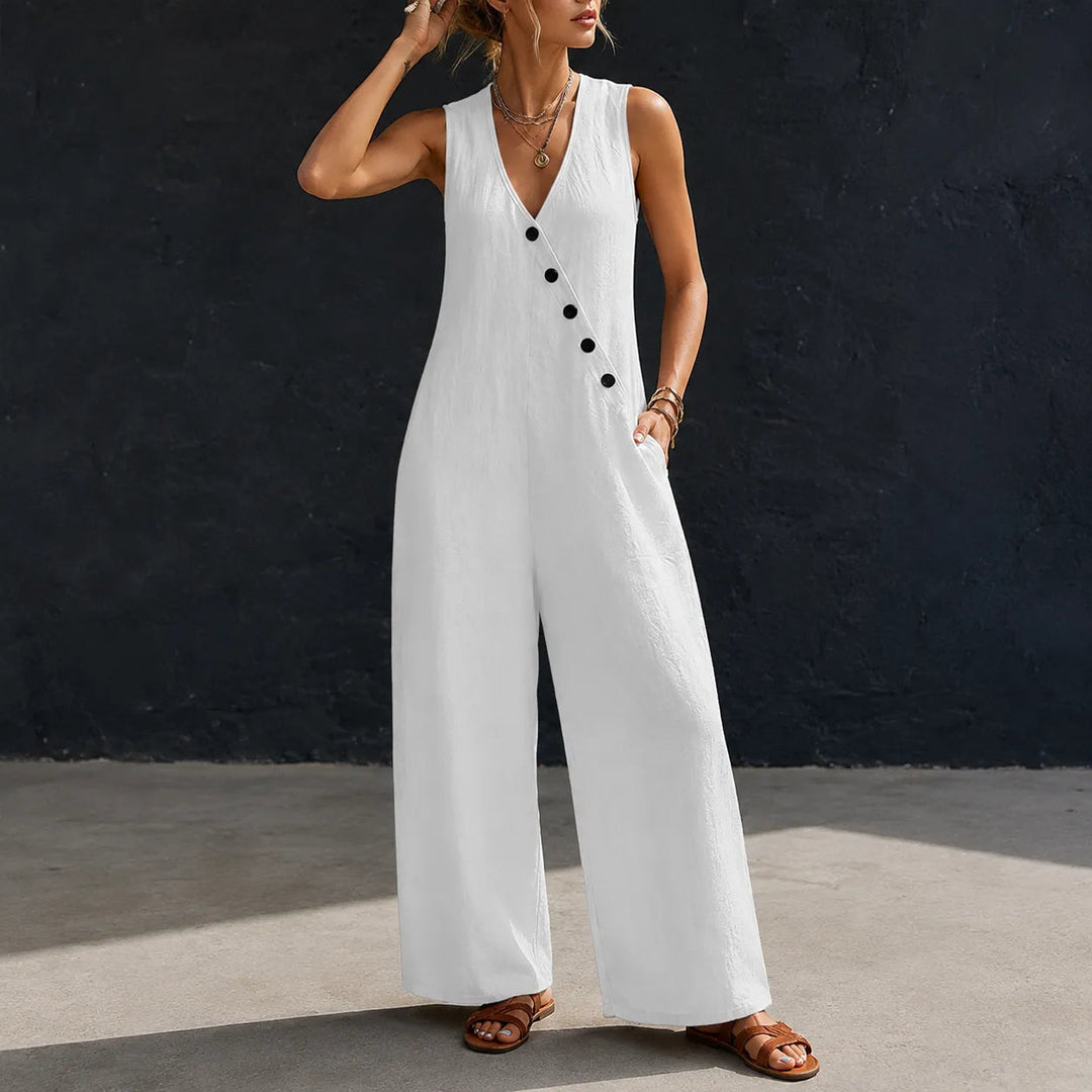 Wearvelle | Wide-Leg Jumpsuit – Sleeveless with Diagonal Buttons