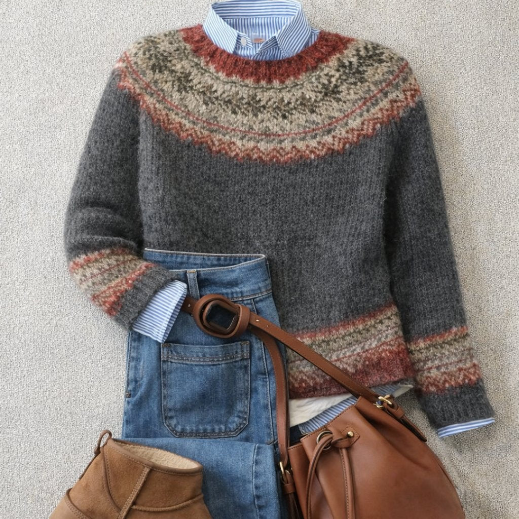 Amalia | Comfortable And Warm Fair Isle Nordic Knit Crewneck Sweater 0