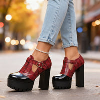 Isadora | Elegant Croc-Embossed Platform Mary Jane Block Heels