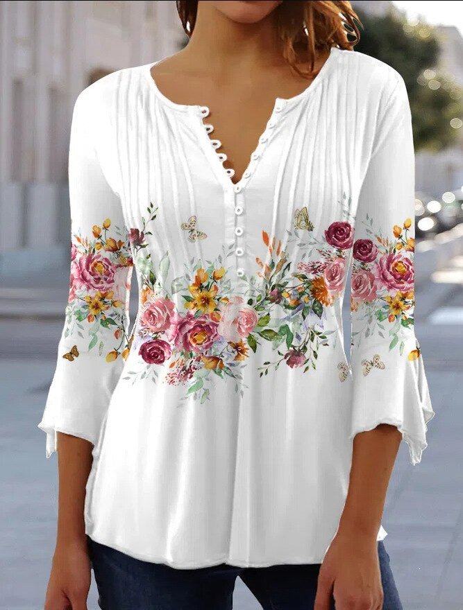 Amelia | Elegant and Breathable Floral Henley Blouse 1