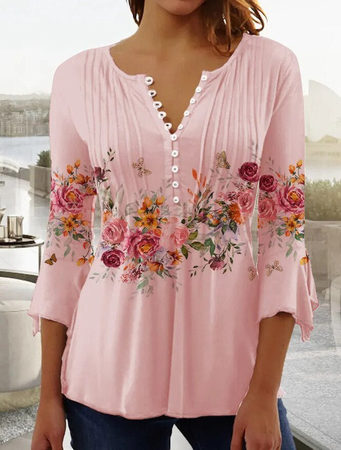 Amelia | Elegant and Breathable Floral Henley Blouse 2