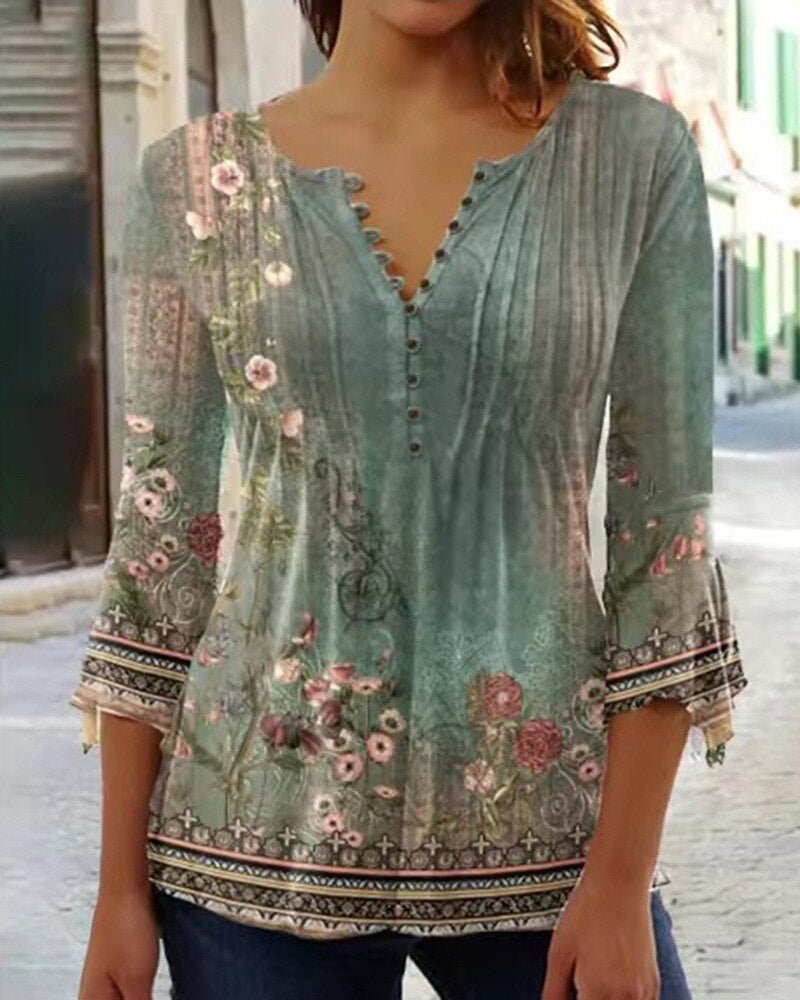 Amelia | Elegant and Breathable Floral Henley Blouse 8