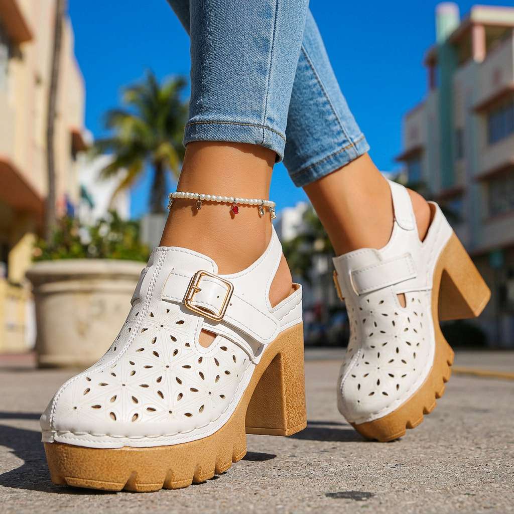 Annabelle | Floral Cutout Platform Block Heel Clogs 4
