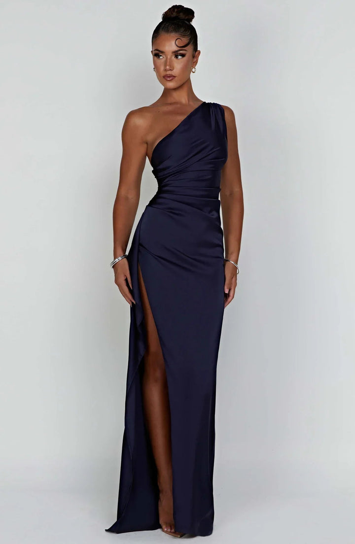 Ava | One Shoulder Pleated Split Satin Dress 9