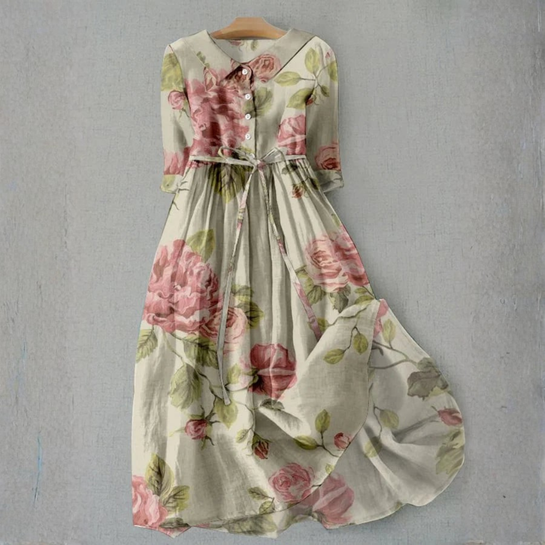 Belle | Elegant Vintage Rose Print Midi Dress 0