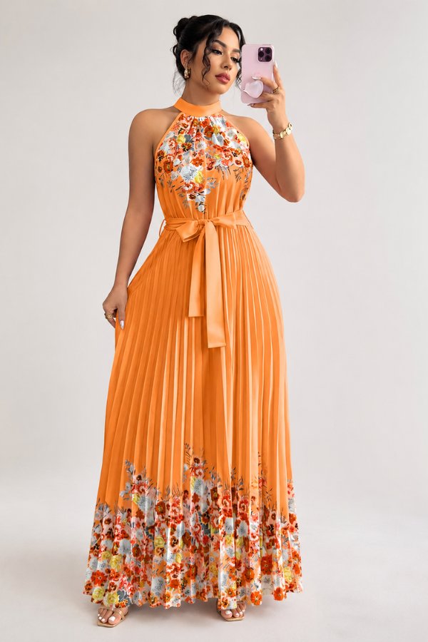 Charlie | Floral Pleated Halter Midi Dress 13