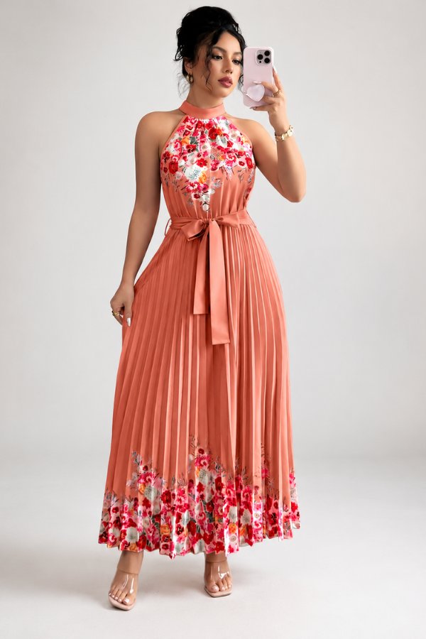 Charlie | Floral Pleated Halter Midi Dress 16