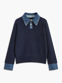 Isabella | Sophisticated Denim-Collared Knit Polo Sweater