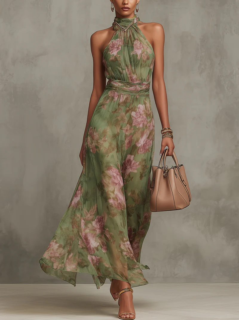 Chloe | Elegant Halter Neck Floral Maxi Dress 0