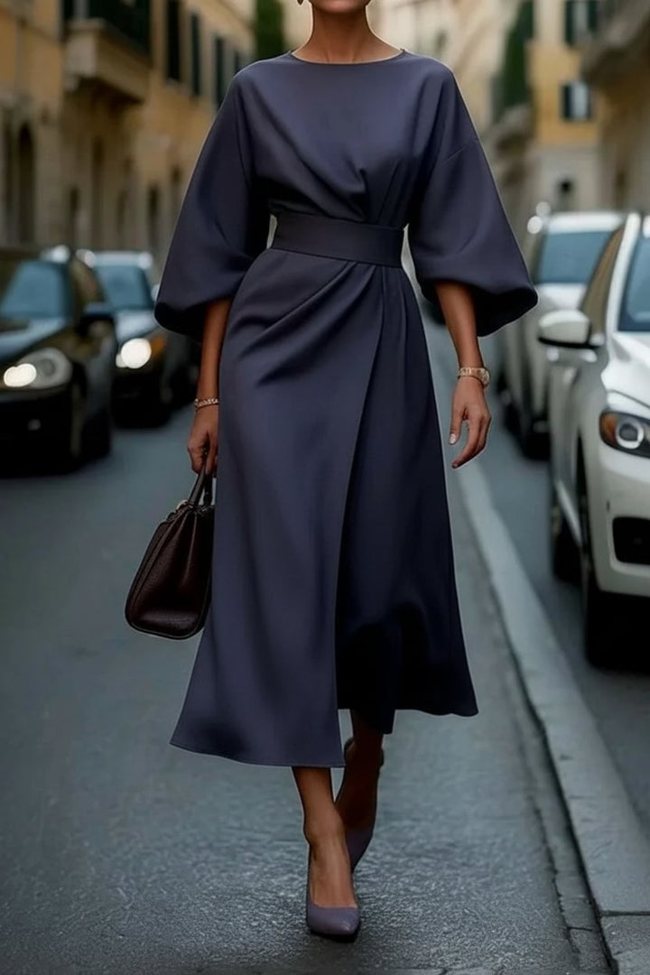 Clara | Elegant Lantern-Sleeve Waist-Cinching Cocktail Midi Dress 0