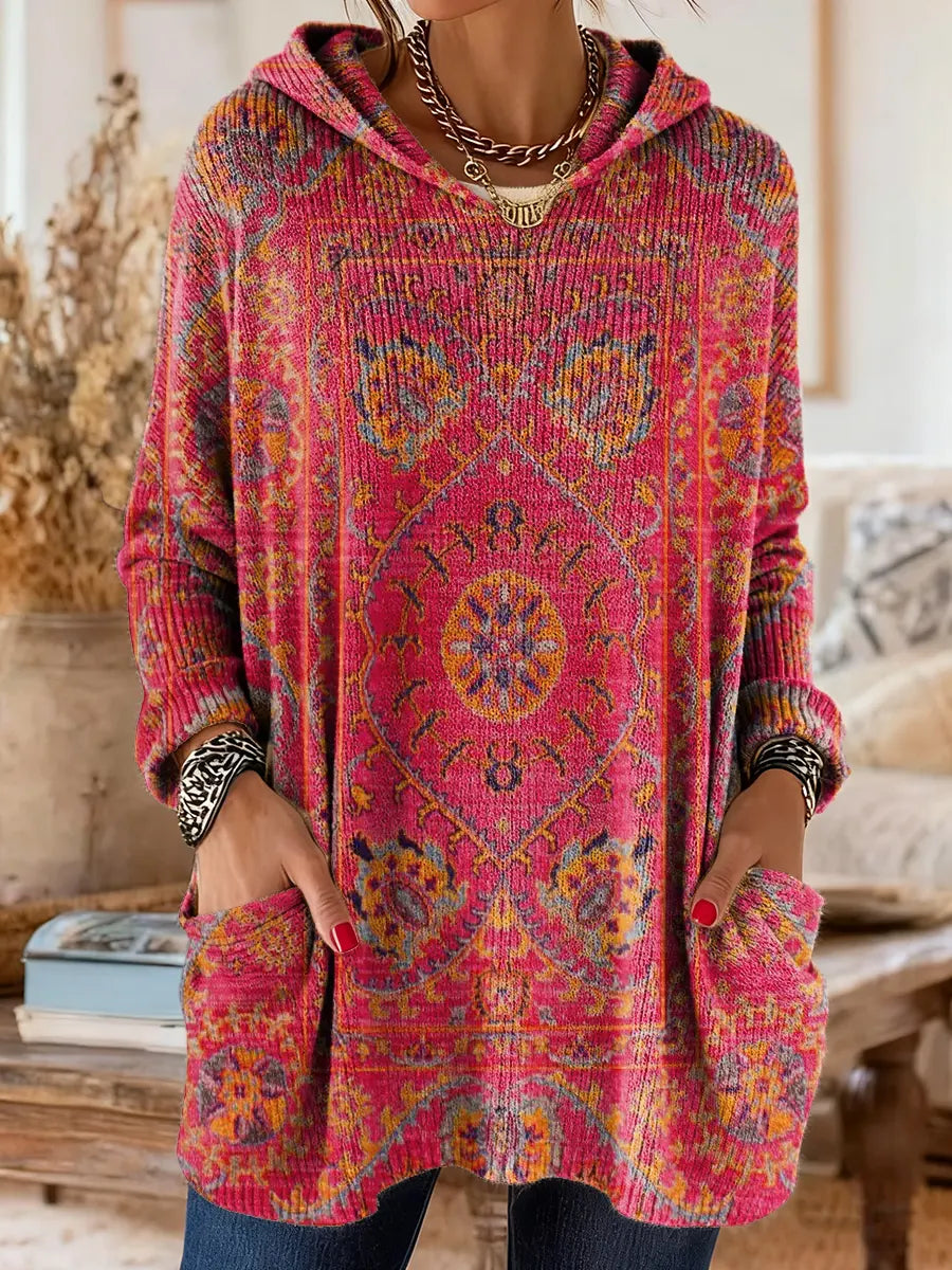 Cora | Retro Ethnic Print Hooded Knit Tunic Top 7