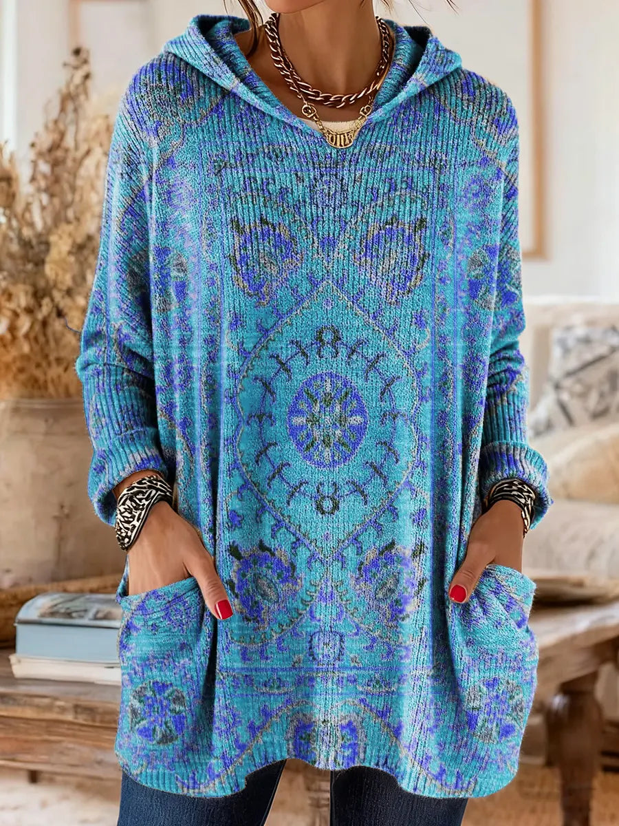Cora | Retro Ethnic Print Hooded Knit Tunic Top 9