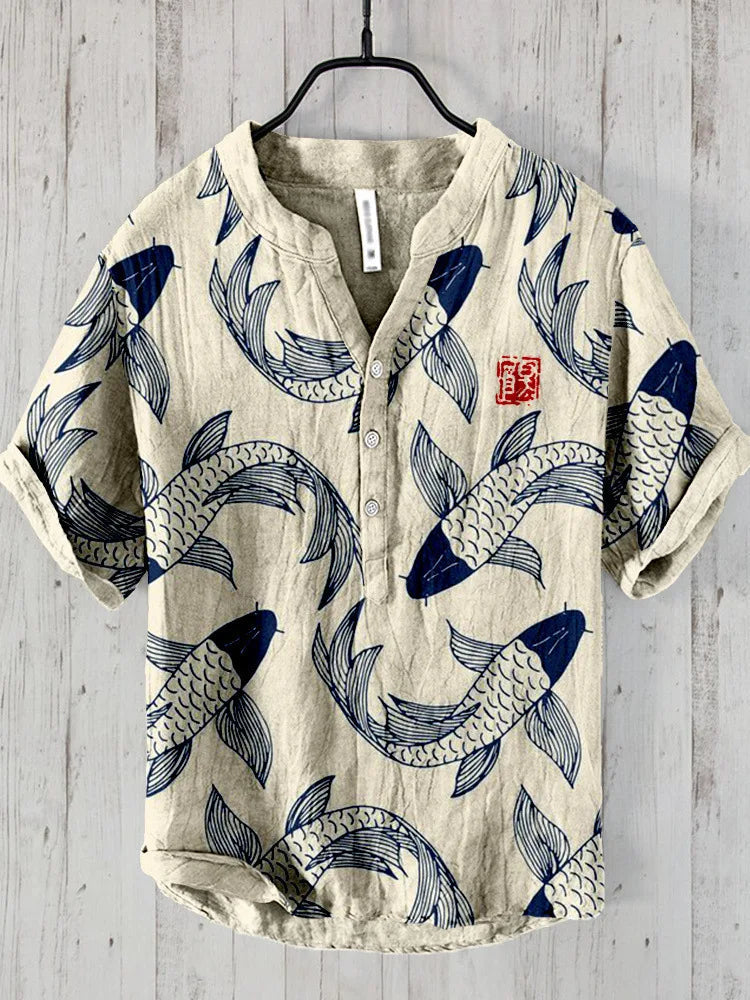 David | Stylish Fish Art Linen Shirt 0