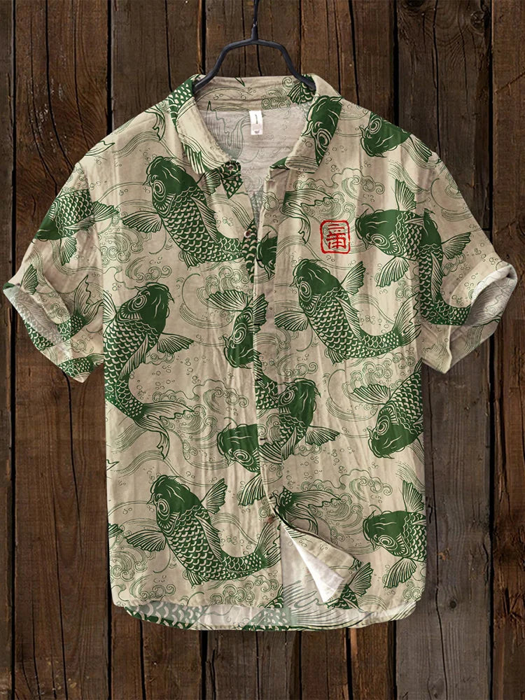 David | Stylish Fish Art Linen Shirt 1