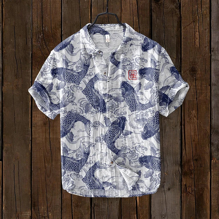 David | Stylish Fish Art Linen Shirt 5