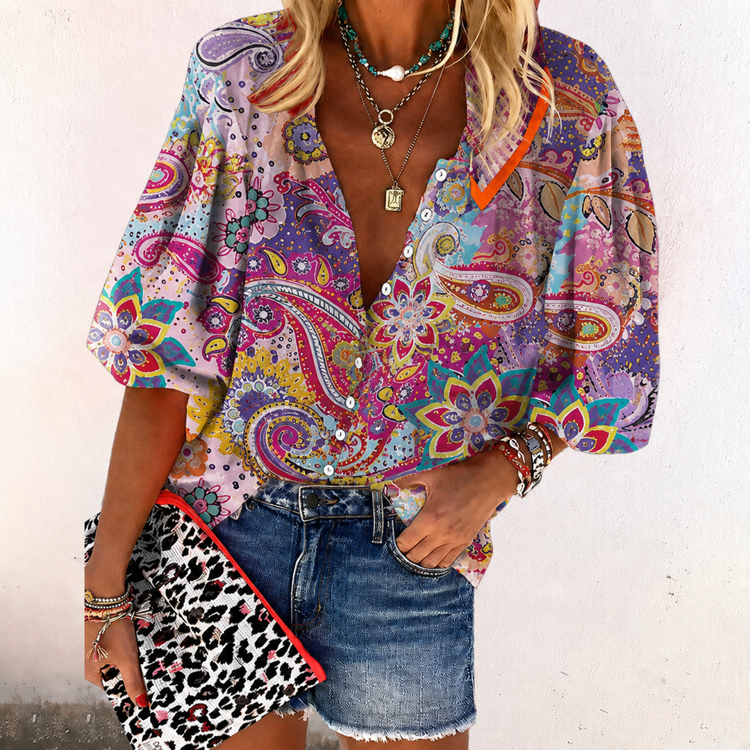 Eloise | Vibrant Boho Print V-Neck Blouse 1