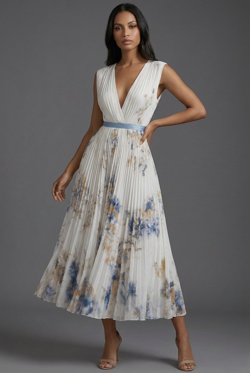 Evelyn | Elegant Pleated Floral Midi Dress 0