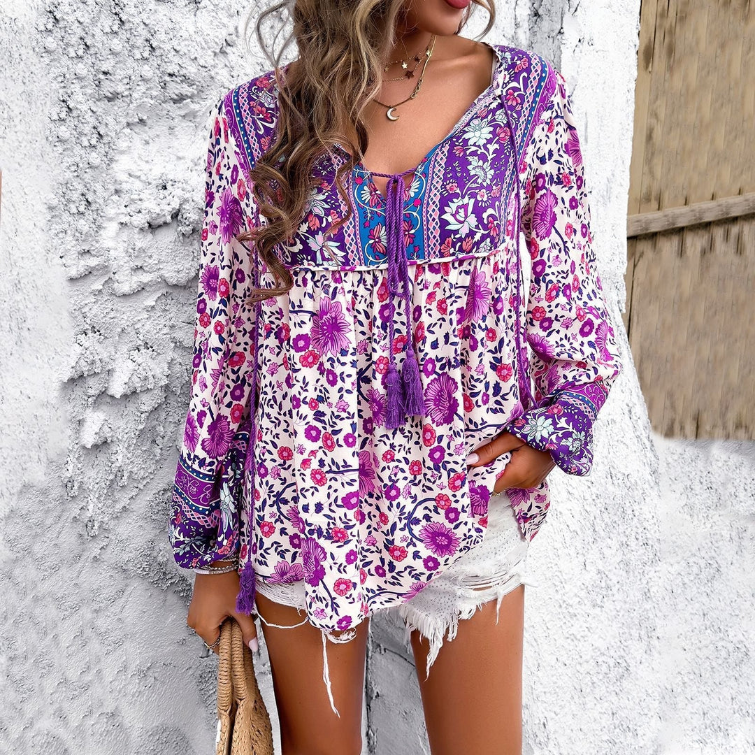 Evelyn | Light and Breezy Bohemian Floral Drawstring Tunic Blouse 2