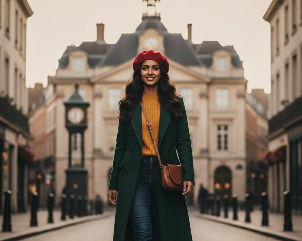 Woman in a green coat and red beret standing in an urban street with a clock tower in the background.