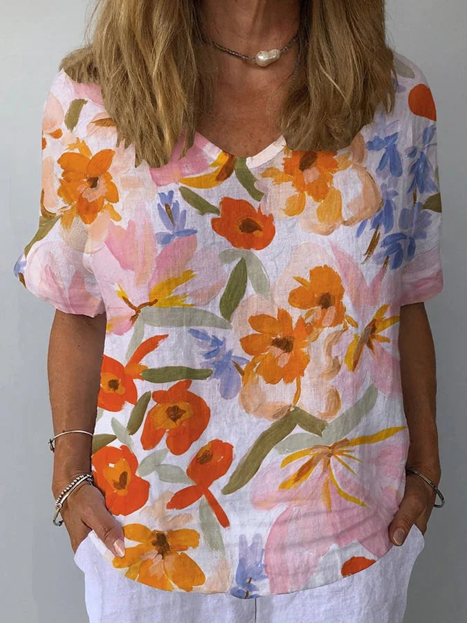 Iris | Elegant And Sophisticated Retro Floral Linen Blouse 0