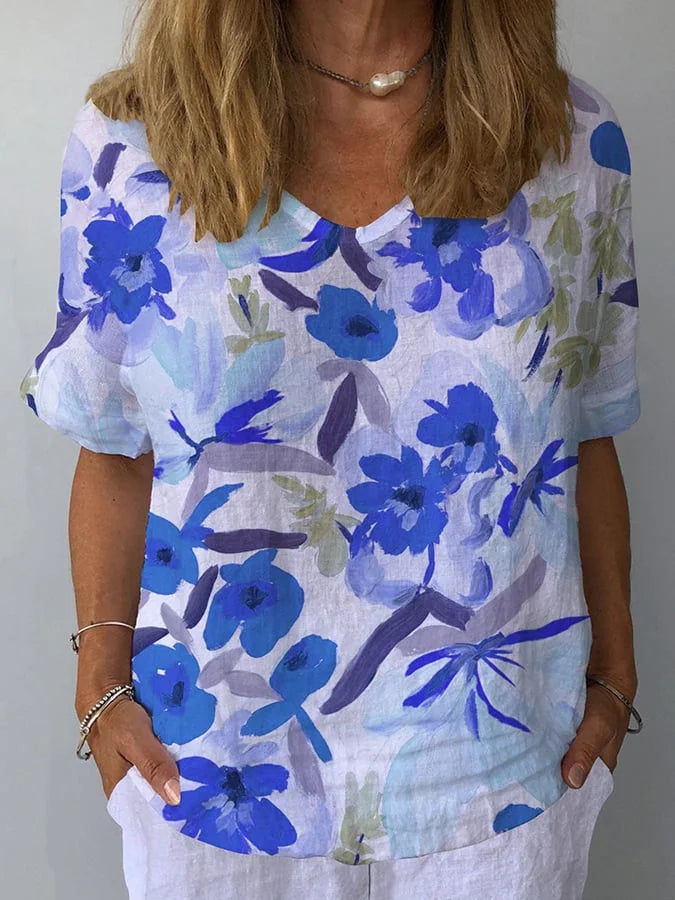 Iris | Elegant And Sophisticated Retro Floral Linen Blouse 3