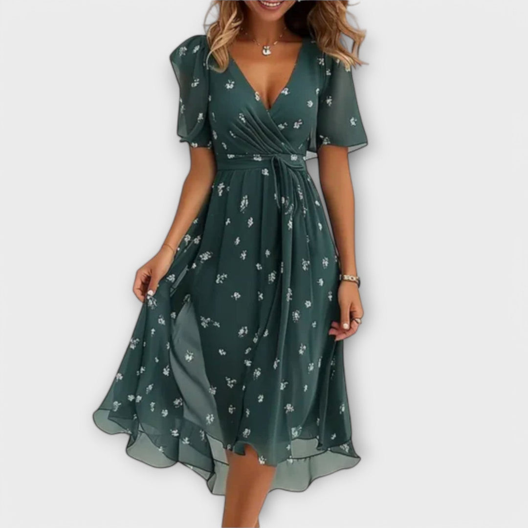 Karolin | Romantic and Stylish Floral Wrap Midi Dress 0