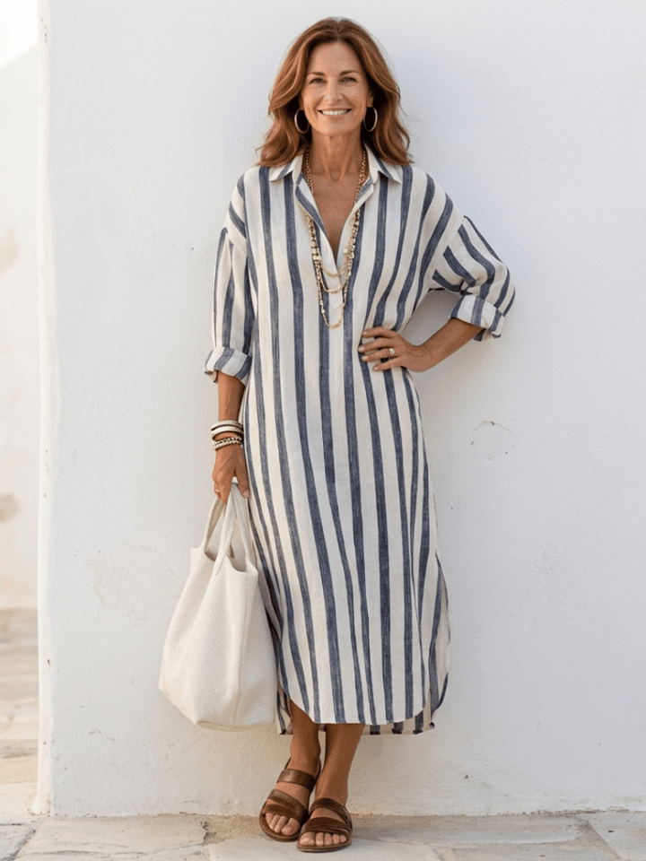 Maya | Elegant And Comfortable Striped Midi Shirt Dress 0