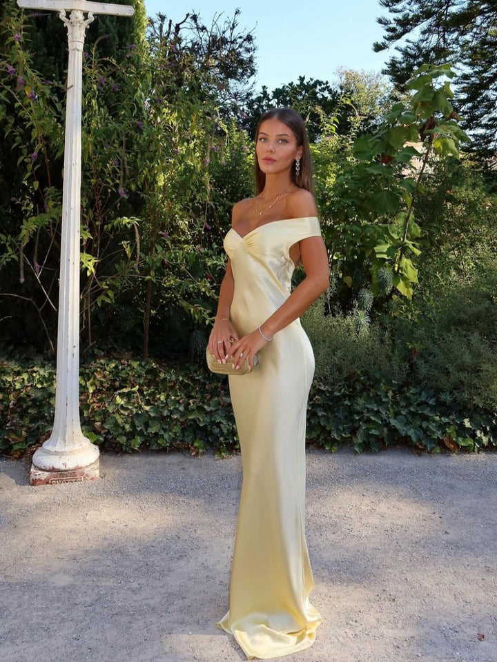 Maya | Elegant Satin Off-The-Shoulder Wedding Guest Dress 0