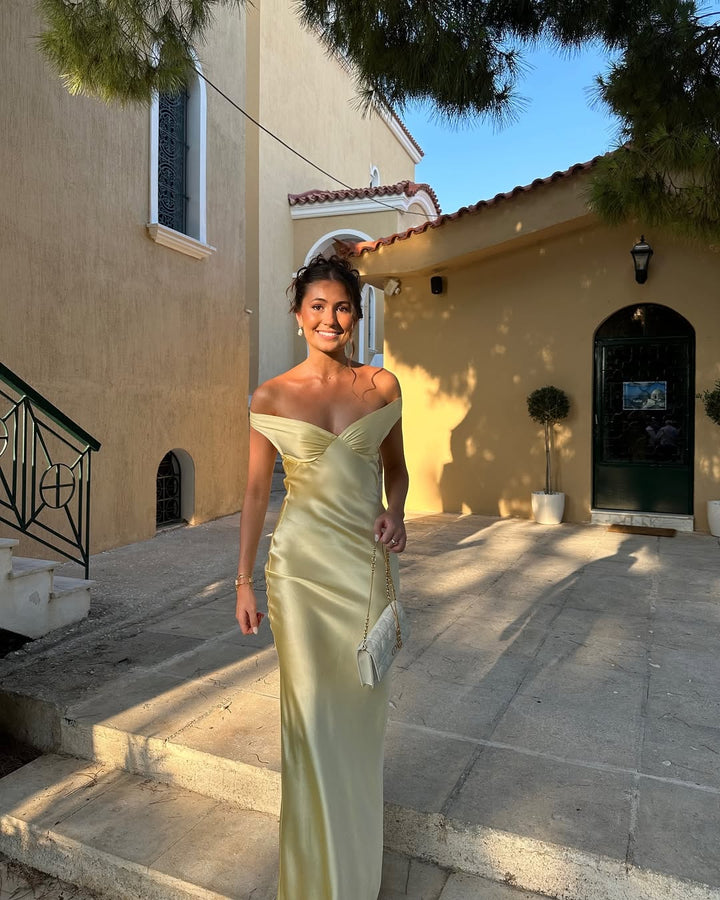Maya | Elegant Satin Off-The-Shoulder Wedding Guest Dress 3