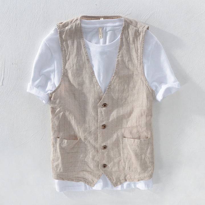 Men's Striped Vest, Linen Look 0
