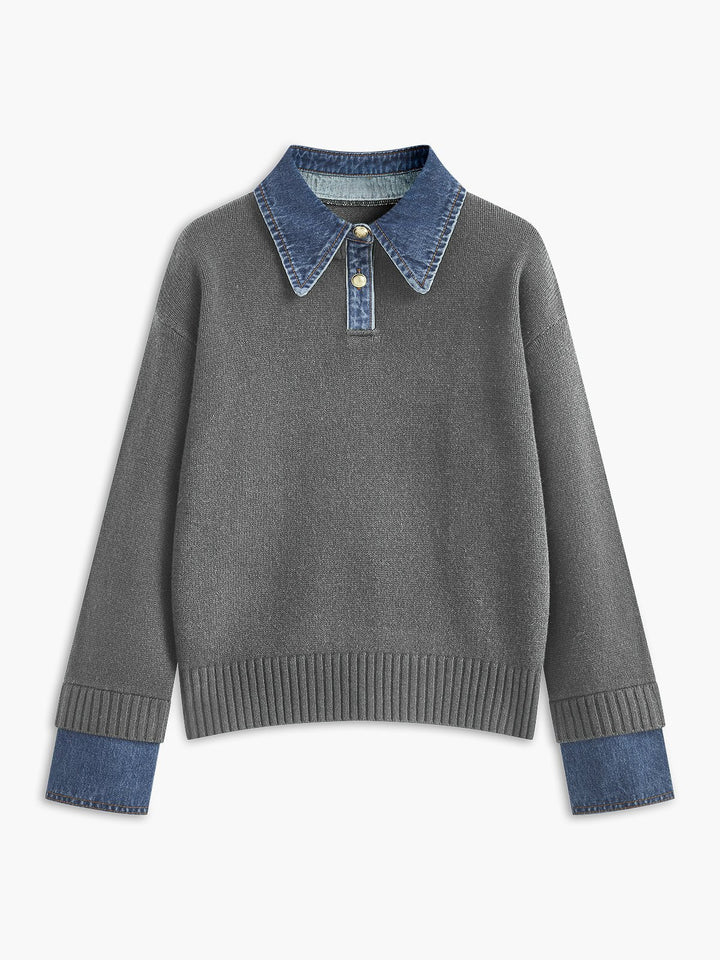 Mia | Women's Denim-Collar Knit Polo Sweater 6