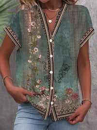 Ava | Artistic Bohemian Floral V-Neck Blouse