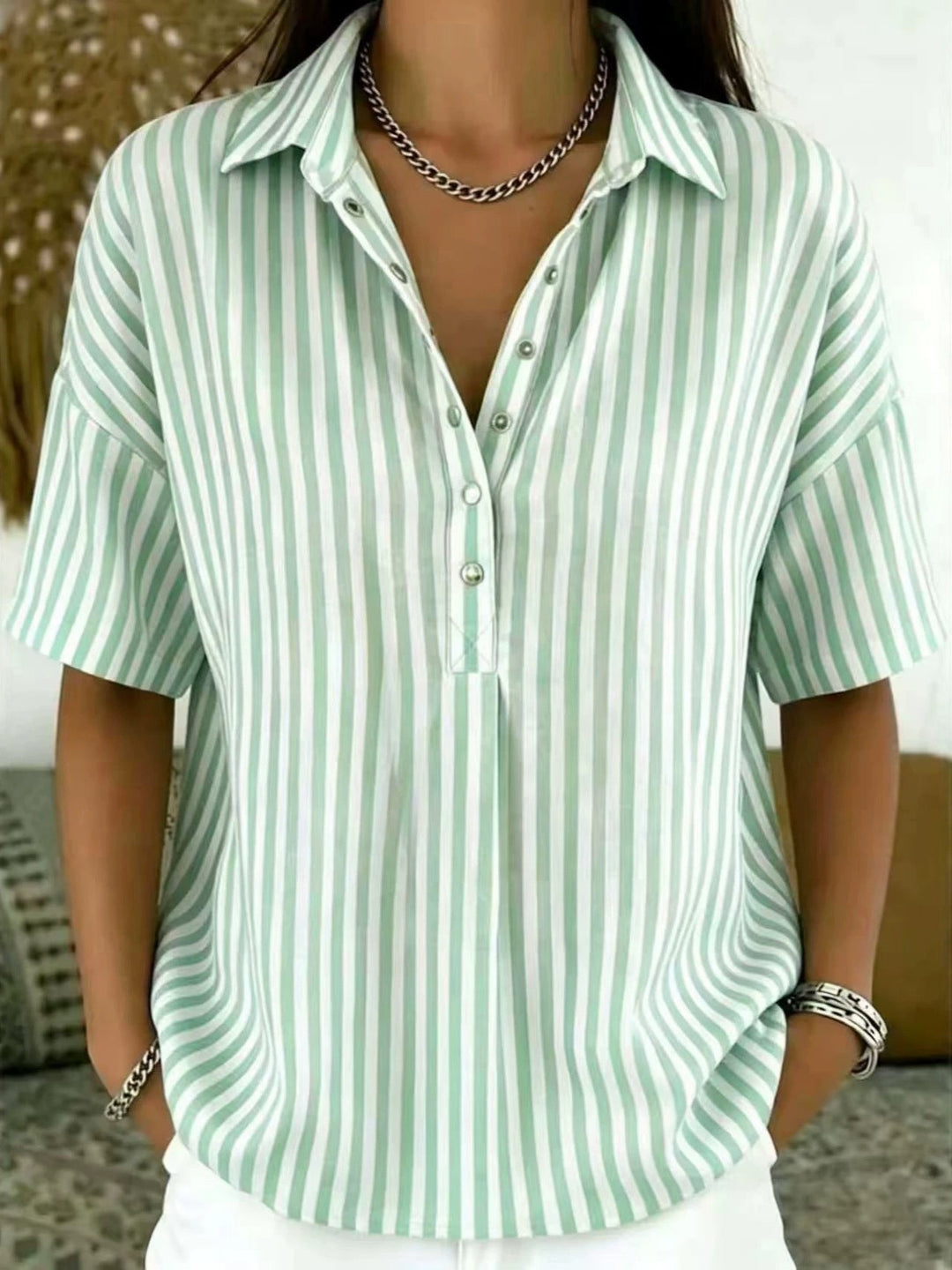 Penelope | Comfortable And Chic Striped Collared Blouse 0