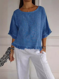 Elena | Sophisticated And Airy Frayed Hem Linen Style Blouse