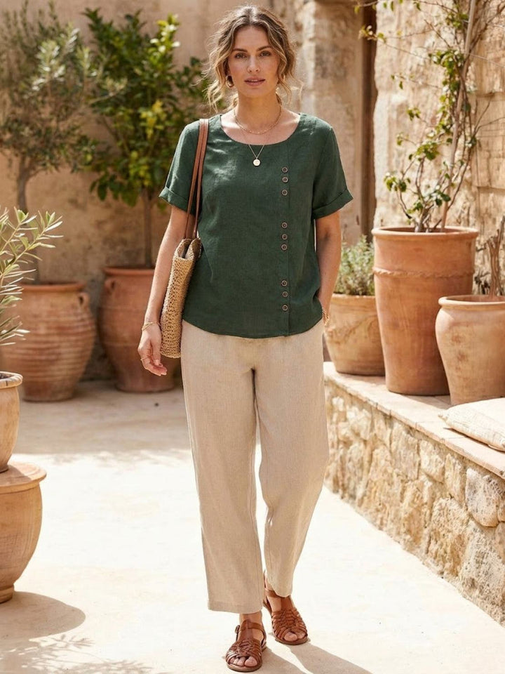 Taylor | Women’s Linen Round Neck Button Blouse 1