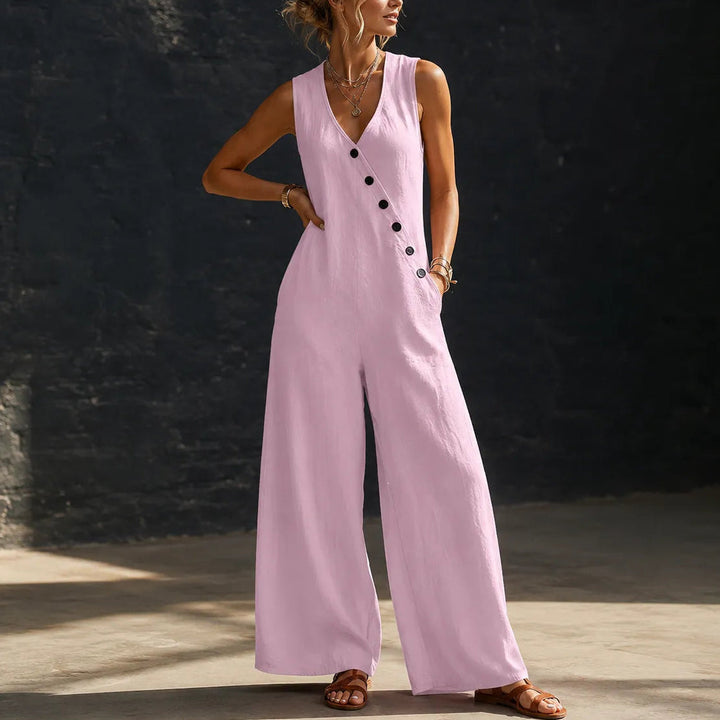 Wearvelle | Wide-Leg Jumpsuit – Sleeveless with Diagonal Buttons