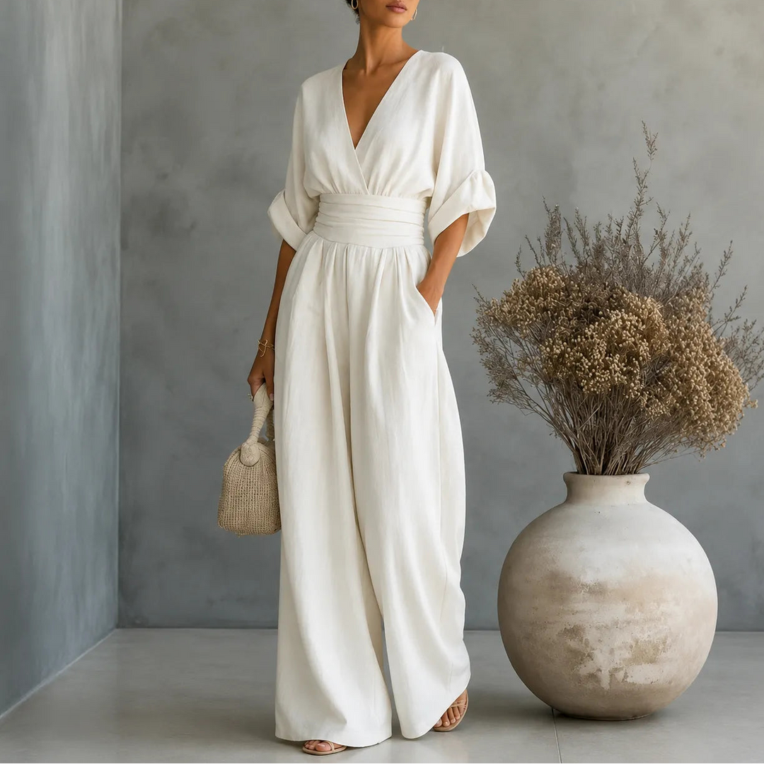 Solea | Wide Leg Jumpsuit – V Neck with Pleated Waist Sash for Women