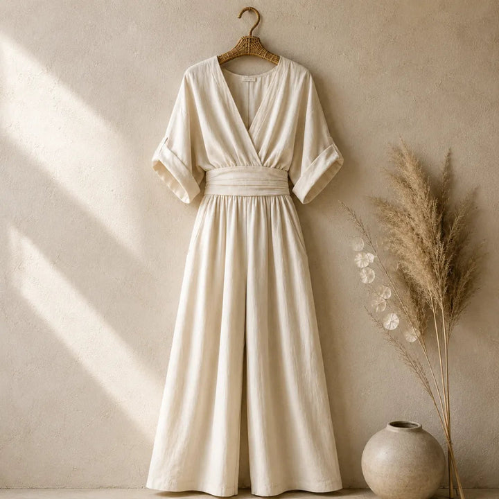 Solea | Wide Leg Jumpsuit – V Neck with Pleated Waist Sash for Women