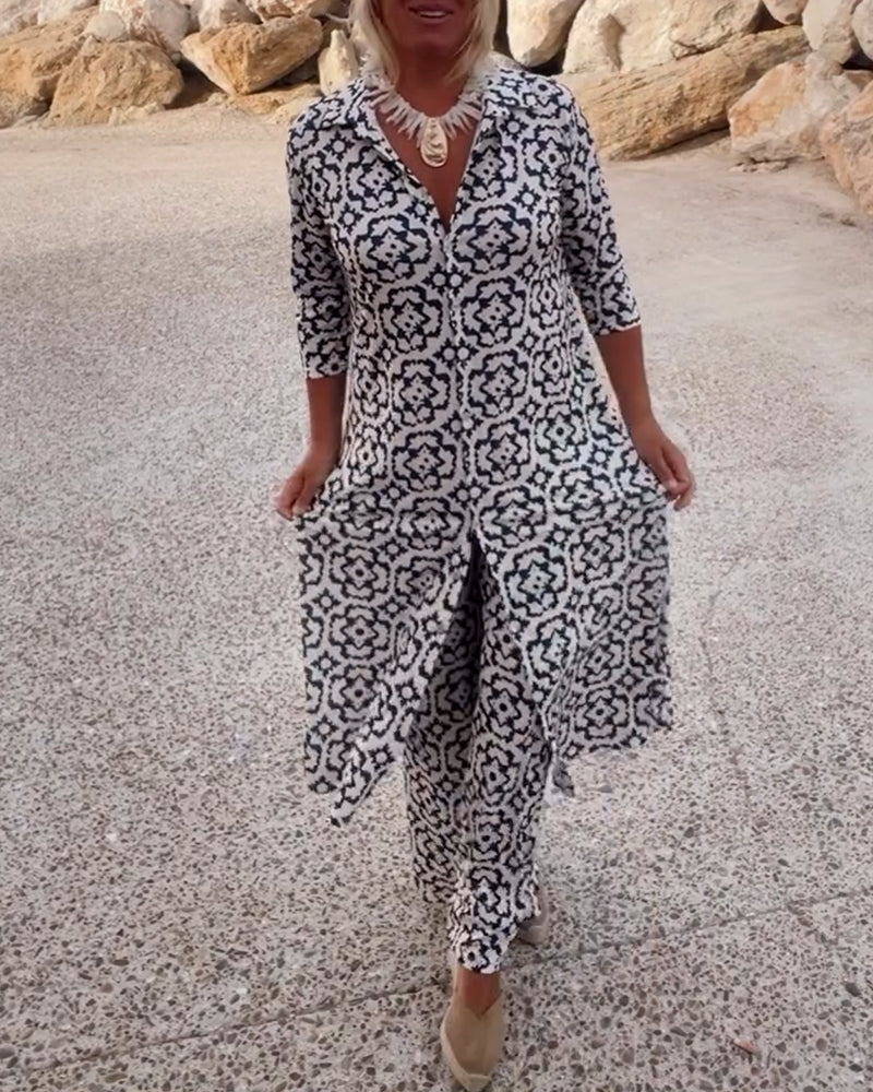 Isabella | Elegant V-Neck Tunic & Wide-Leg Trousers Set