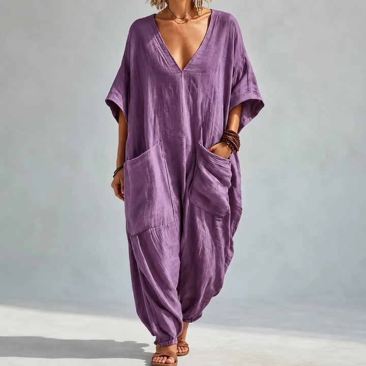 Soluna | Loose V-Neck Summer Jumpsuit – Relaxed Batwing Style for Women