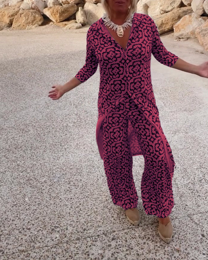Isabella | Elegant V-Neck Tunic & Wide-Leg Trousers Set