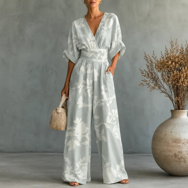 Solene | Printed Wide-Leg Jumpsuit – Flattering V-Neck Style