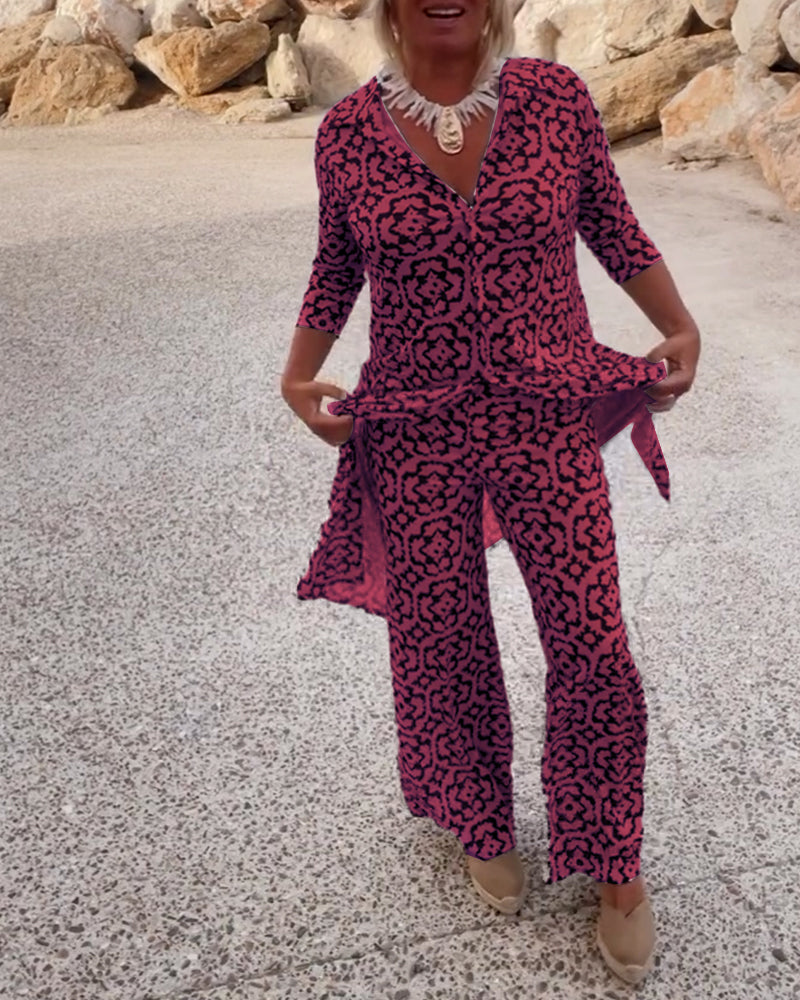 Isabella | Elegant V-Neck Tunic & Wide-Leg Trousers Set